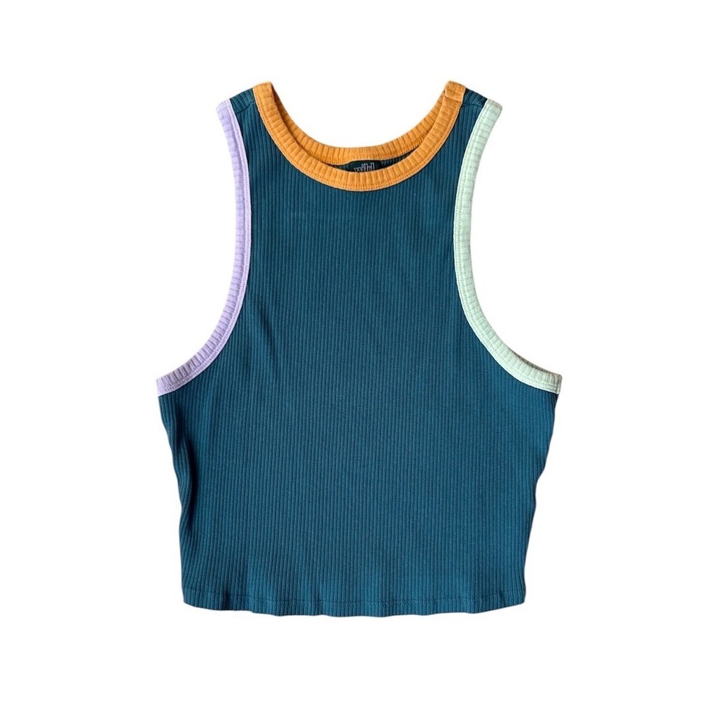 Wild Fable Womens Teal Colorblock Ribbed Knit Crop Tank Top Small